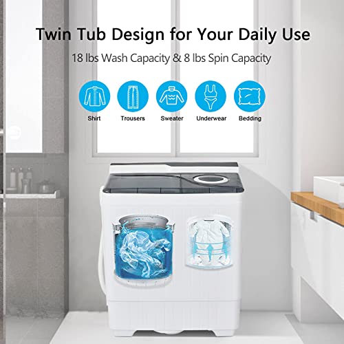 Mayjooy Portable Washing Machine, 26lbs Twin Tub Washer (18lbs) & Spinner (8lbs) Combo, Compact Laundry Machine w/3 Control Knobs, Timer Function & Built-in Drain Pump, for Apartment/RV/Dorm (Grey)