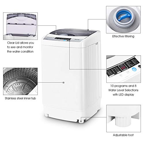 RELAX4LIFE Full-Automatic Washing Machine Portable Washer 9.92 lbs Capacity with 10 Programs & 8 Water Levels, Child Lock and Imbalance Adjustment Compact Laundry Washer for Dorm, Apartment, RVs