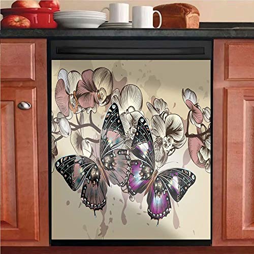 Tup Simple Pattern of Butterflies and Flowers Refrigerator Magnets Dishwasher Door Cover Vinyl Magnetic Panel Decal Home Decor 23 W x 26 H