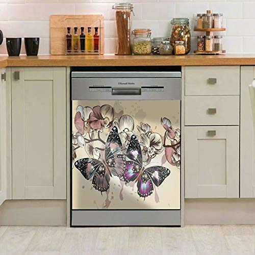 Tup Simple Pattern of Butterflies and Flowers Refrigerator Magnets Dishwasher Door Cover Vinyl Magnetic Panel Decal Home Decor 23 W x 26 H