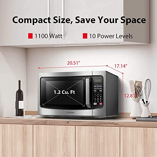 TOSHIBA EM131A5C-SS Countertop Microwave Oven, 1.2 Cu Ft with 12.4" Turntable, Smart Humidity Sensor with 12 Auto Menus, Mute Function & ECO Mode, Easy Clean Interior, Stainless Steel & 1100W