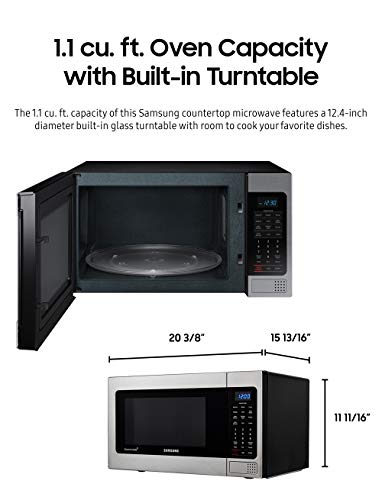 SAMSUNG 1.1 Cu Ft Countertop Microwave Oven w/ Grilling Element, Ceramic Enamel Interior, Auto Cook Options, 1000 Watt, MG11H2020CT/AA, Stainless Steel, Black w/ Mirror Finish