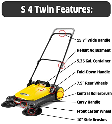 Karcher S 4 Twin Walk-Behind Outdoor Hand Push Floor Sweeper - 5.25 Gallon Capacity, 26.8" Sweeping Width, Sweeps 26,000 Square Feet/Hour