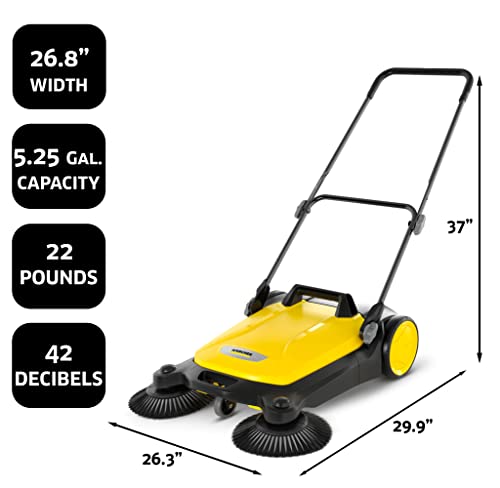 Karcher S 4 Twin Walk-Behind Outdoor Hand Push Floor Sweeper - 5.25 Gallon Capacity, 26.8" Sweeping Width, Sweeps 26,000 Square Feet/Hour