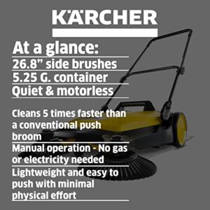 Karcher S 4 Twin Walk-Behind Outdoor Hand Push Floor Sweeper - 5.25 Gallon Capacity, 26.8" Sweeping Width, Sweeps 26,000 Square Feet/Hour