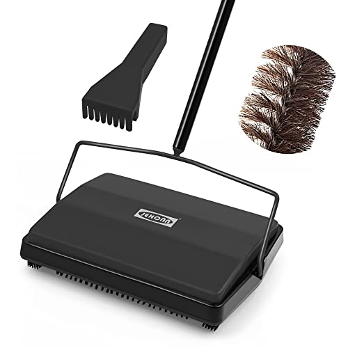 JEHONN Carpet Floor Sweeper Manual with Horsehair, Non Electric Quite Rug Roller Brush Push for Cleaning Pet Hair, Loose Debris, Lint (Black)