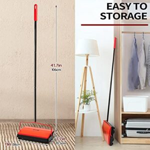 JEHONN Carpet Floor Sweeper Manual with Horsehair, Non Electric Quite Rug Roller Brush Push for Cleaning Pet Hair, Loose Debris, Lint (Red)