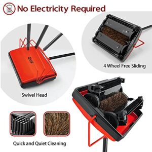 JEHONN Carpet Floor Sweeper Manual with Horsehair, Non Electric Quite Rug Roller Brush Push for Cleaning Pet Hair, Loose Debris, Lint (Red)