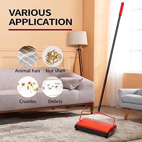 JEHONN Carpet Floor Sweeper Manual with Horsehair, Non Electric Quite Rug Roller Brush Push for Cleaning Pet Hair, Loose Debris, Lint (Red)