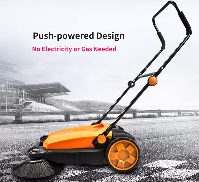 Walk-Behind Manual Push Floor Sweeper - 6.6 Gallon Capacity, 27.5" Sweeping Width, Sweeps 29,000 Square Feet/Hour