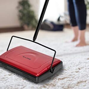 Alpine Industries Triple Brush Floor & Carpet Sweeper – Heavy Duty & Non Electric Multi-Surface Cleaner - Easy Manual Sweeping for Carpeted Floors (Red)