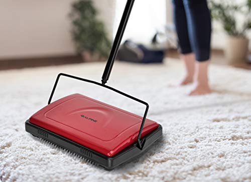 Alpine Industries Triple Brush Floor & Carpet Sweeper – Heavy Duty & Non Electric Multi-Surface Cleaner - Easy Manual Sweeping for Carpeted Floors (Red)