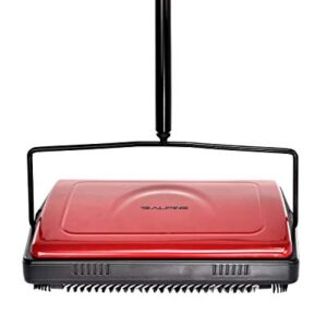 Alpine Industries Triple Brush Floor & Carpet Sweeper – Heavy Duty & Non Electric Multi-Surface Cleaner - Easy Manual Sweeping for Carpeted Floors (Red)