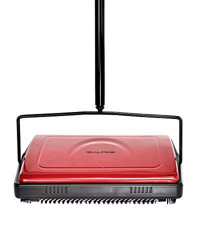 Alpine Industries Triple Brush Floor & Carpet Sweeper – Heavy Duty & Non Electric Multi-Surface Cleaner - Easy Manual Sweeping for Carpeted Floors (Red)
