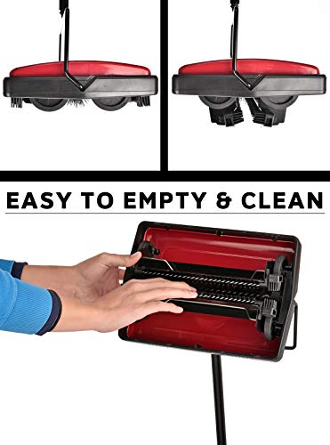 Alpine Industries Triple Brush Floor & Carpet Sweeper – Heavy Duty & Non Electric Multi-Surface Cleaner - Easy Manual Sweeping for Carpeted Floors (Red)