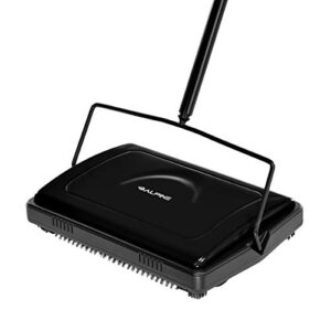 alpine industries triple brush floor & carpet sweeper – heavy duty & non electric multi-surface cleaner – easy manual sweeping for carpeted floors – black