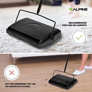 Alpine Industries Triple Brush Floor & Carpet Sweeper – Heavy Duty & Non Electric Multi-Surface Cleaner - Easy Manual Sweeping for Carpeted Floors - Black