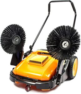 industrial floor sweeper with triple brooms, 38 inch outdoor and indoor hand push floor sweeper, 38,000 square feet per hour, 12 gal waste container