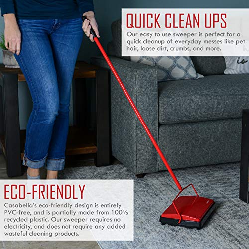 Casabella Floor & Carpet Sweeper Manual Non Electric Cleaner - Red