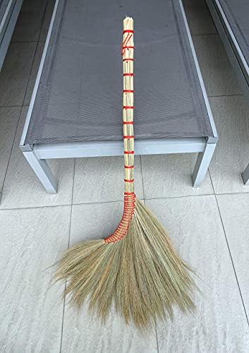 Generic Handmade Grass Thai Broom Extra Thick Bristle Brush Head Traditional Asian Whisk Sweeper Broomcorn Plus 100 Percent Cotton Dust Cover, 40 x 18 x 1.5 inch, Red