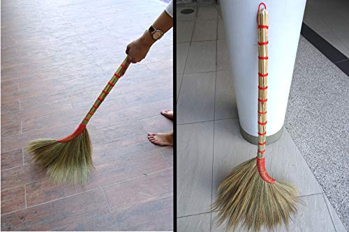 Generic Handmade Grass Thai Broom Extra Thick Bristle Brush Head Traditional Asian Whisk Sweeper Broomcorn Plus 100 Percent Cotton Dust Cover, 40 x 18 x 1.5 inch, Red