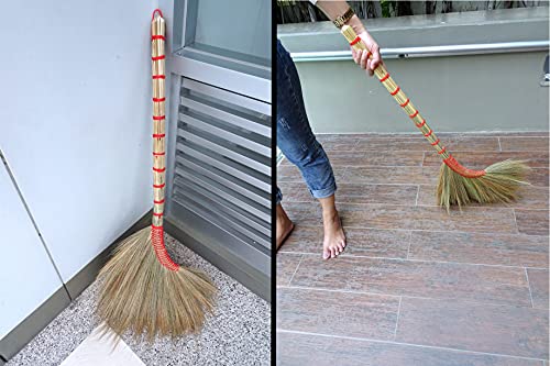 Generic Handmade Grass Thai Broom Extra Thick Bristle Brush Head Traditional Asian Whisk Sweeper Broomcorn Plus 100 Percent Cotton Dust Cover, 40 x 18 x 1.5 inch, Red