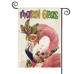 avoin colorlife mardi gras flamingo garden flag 12×18 inch double sided, masquerade beads new orleans carnival yard outdoor decoration