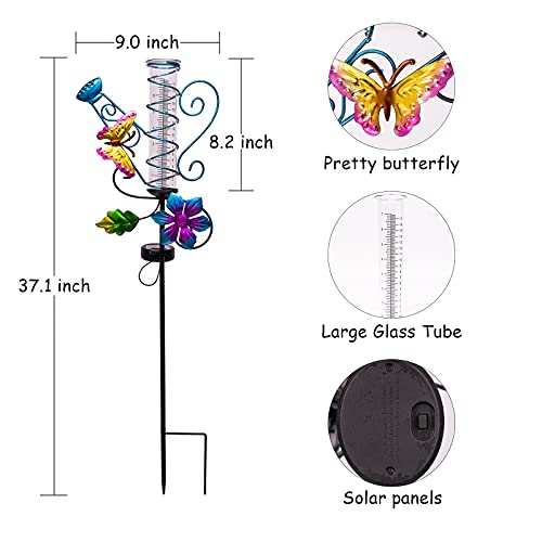 HOBYLUBY 37‘’ Butterfly Rain Gauges with Solar Lights for Outdoor Decorations, Garden, Yard, Lawn, Patio, Backyard Décor