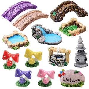 clytte miniature fairy garden accessories, mini garden bridge figurine, fairy house kit for home kids adult, tiny mushroom pond lawn terrarium kit for diy craft garden decoration
