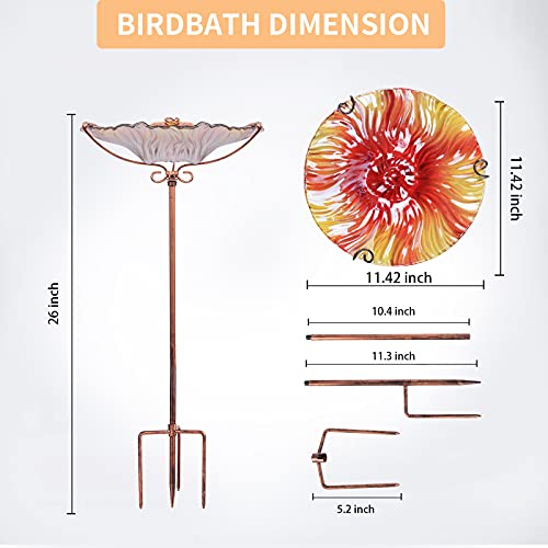 MUMTOP 26 Inch Height Glass Birdbath Birdfeeder with Metal Stake Garden Outdoor Red