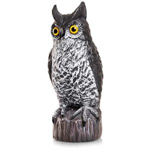 bird blinder owl decoy (16.5 inch tall) natural enemy bird deterrent, great horned owl to keep birds away – owl decor to protect gardens from wildlife – scarecrow for outdoors or indoors