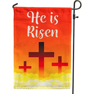 pambo he is risen religious easter garden flags burlap vertical double sided, cross yard outside decoration 12×18 inch