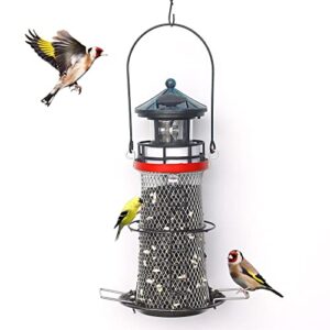hshd solar lighthouse bird feeder with rotating beacon lamp – 14″ hanging mesh wild bird feeders for outdoor garden patio lawn decor (retro)