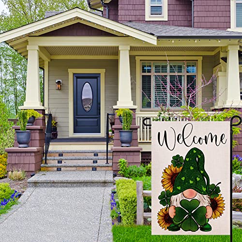 Welcome St Patricks Day Gnome Garden Flag 12.5x18 Inch Double Sided, Shamrock Lucky Clover Holiday Yard Outdoor Flag