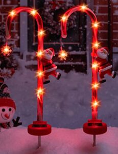 solar christmas candy cane lights garden decorations, zivasa solar powered xmas pathway markers lights outdoor waterproof, outside decor stake with snow flower & santa for yard patio landscape 2pack