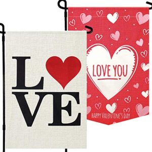 2 pieces valentine flag, love happy valentines day flag, 12.5 x 18.5 inch valentine’s heart garden flag, double sided printing 2 layer burlap flags for valentine’s day home garden yard decoration gift