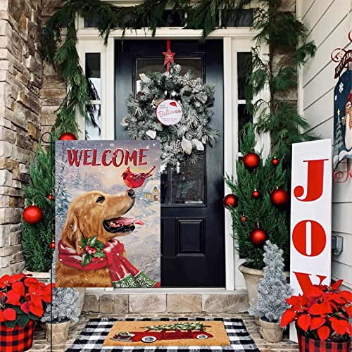 Selmad Welcome Winter Golden Retriever Dog Decorative Burlap Garden Flag, Puppy Cardinal Pet Home Yard Small Outdoor Decor, Christmas Snowy Outside Decoration Double Sided 12 x 18