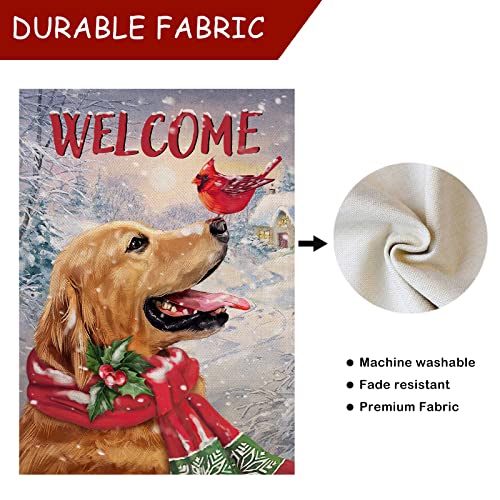 Selmad Welcome Winter Golden Retriever Dog Decorative Burlap Garden Flag, Puppy Cardinal Pet Home Yard Small Outdoor Decor, Christmas Snowy Outside Decoration Double Sided 12 x 18