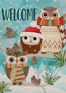 covido home decorative welcome winter garden flag, christmas holiday house yard snow owls decor sign, xmas outside decoration seasonal farmhouse outdoor small burlap flag double sided 12 x 18