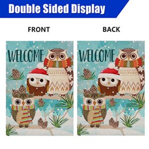 Covido Home Decorative Welcome Winter Garden Flag, Christmas Holiday House Yard Snow Owls Decor Sign, Xmas Outside Decoration Seasonal Farmhouse Outdoor Small Burlap Flag Double Sided 12 x 18