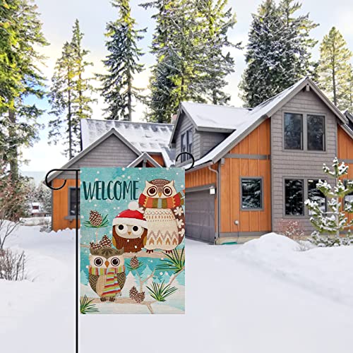 Covido Home Decorative Welcome Winter Garden Flag, Christmas Holiday House Yard Snow Owls Decor Sign, Xmas Outside Decoration Seasonal Farmhouse Outdoor Small Burlap Flag Double Sided 12 x 18