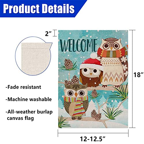 Covido Home Decorative Welcome Winter Garden Flag, Christmas Holiday House Yard Snow Owls Decor Sign, Xmas Outside Decoration Seasonal Farmhouse Outdoor Small Burlap Flag Double Sided 12 x 18