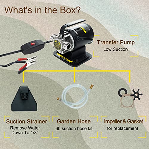 Limodot Water Transfer Pump, 12V Self-Priming Utility Pump, With Suction Strainer Attachment, 10 ft. Power Cord ON/OFF Switch And Alligator Clips, Ideal for boat, RV, cabin, camping, solar system