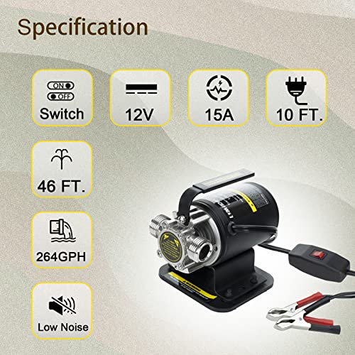 Limodot Water Transfer Pump, 12V Self-Priming Utility Pump, With Suction Strainer Attachment, 10 ft. Power Cord ON/OFF Switch And Alligator Clips, Ideal for boat, RV, cabin, camping, solar system