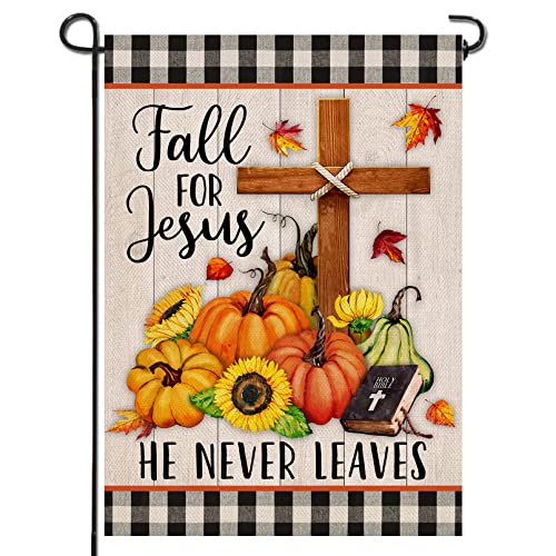 Artofy Fall for Jesus Cross Religious Pumpkin Home Decorative Garden Flag, Autumn Yard Lawn Sunflower Outside Decor, Buffalo Plaid Check Farmhouse Outdoor Small Burlap Decoration Double Sided 12 x 18