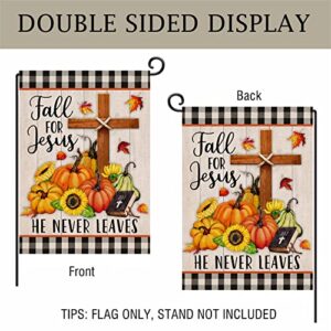 Artofy Fall for Jesus Cross Religious Pumpkin Home Decorative Garden Flag, Autumn Yard Lawn Sunflower Outside Decor, Buffalo Plaid Check Farmhouse Outdoor Small Burlap Decoration Double Sided 12 x 18