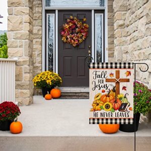 Artofy Fall for Jesus Cross Religious Pumpkin Home Decorative Garden Flag, Autumn Yard Lawn Sunflower Outside Decor, Buffalo Plaid Check Farmhouse Outdoor Small Burlap Decoration Double Sided 12 x 18