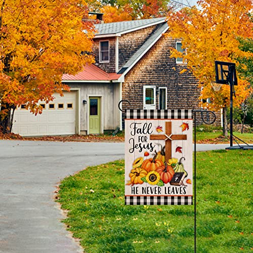 Artofy Fall for Jesus Cross Religious Pumpkin Home Decorative Garden Flag, Autumn Yard Lawn Sunflower Outside Decor, Buffalo Plaid Check Farmhouse Outdoor Small Burlap Decoration Double Sided 12 x 18