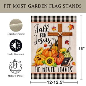 Artofy Fall for Jesus Cross Religious Pumpkin Home Decorative Garden Flag, Autumn Yard Lawn Sunflower Outside Decor, Buffalo Plaid Check Farmhouse Outdoor Small Burlap Decoration Double Sided 12 x 18