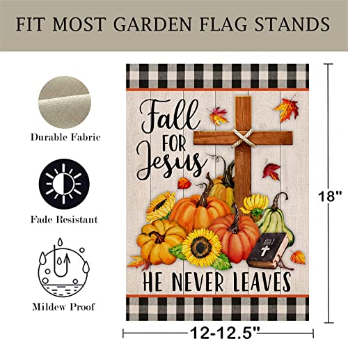 Artofy Fall for Jesus Cross Religious Pumpkin Home Decorative Garden Flag, Autumn Yard Lawn Sunflower Outside Decor, Buffalo Plaid Check Farmhouse Outdoor Small Burlap Decoration Double Sided 12 x 18